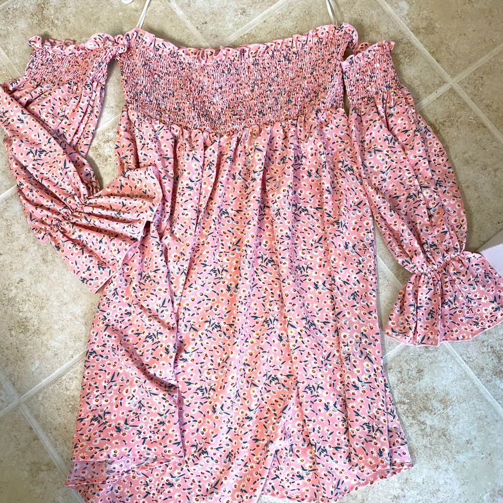 Maternity, pink floral, never worn, off the shoulder with sleeves, dress.